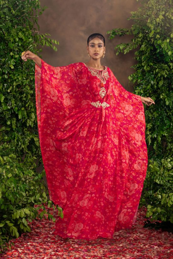 Fuchsia Orange Floral printed Moomal Kaftan